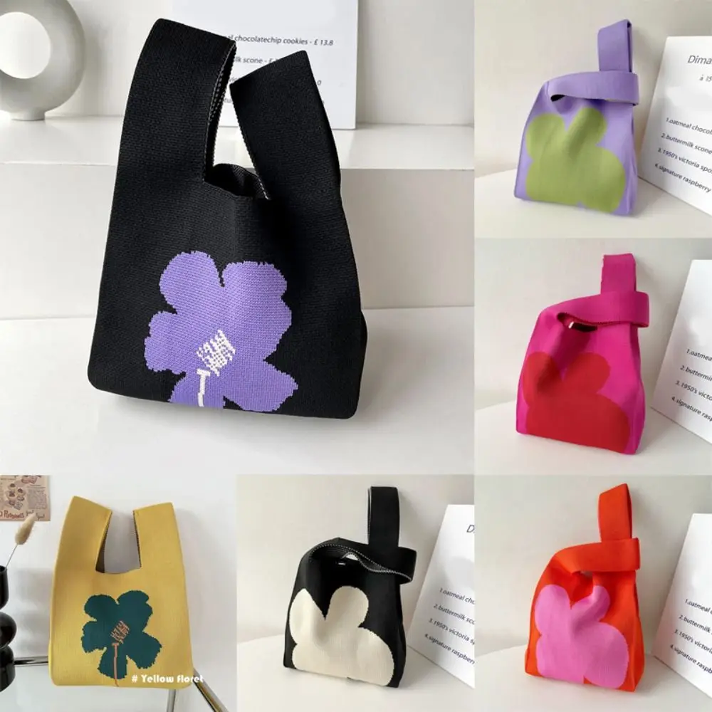 Lässige Knoten Blume Strick Handtasche Handgelenk Tasche Einkaufstaschen Einkaufstasche