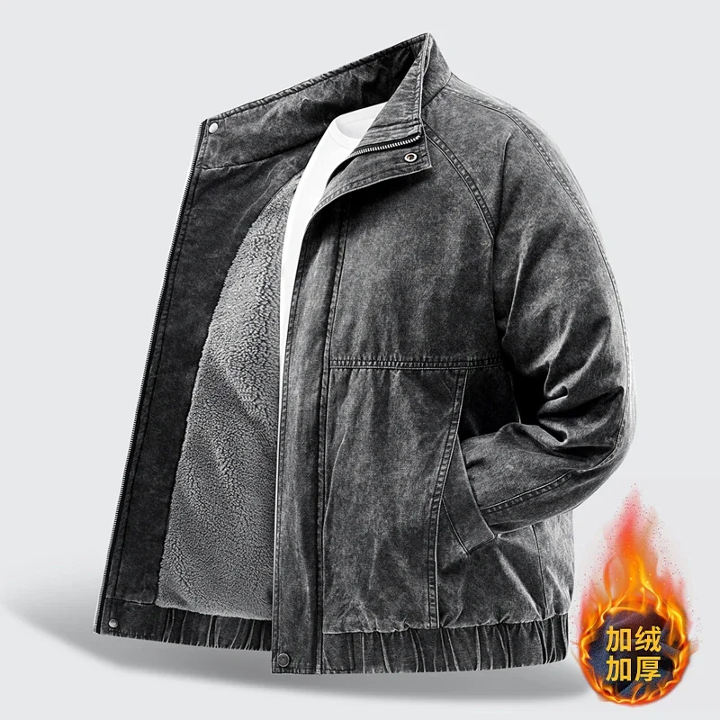 Men's Fleece Lined Denim Cargo Jacket Warm Loose Fleece for Work Autumn Winter Warm Resistant to Heat Wear Workwear Jacket 2813M