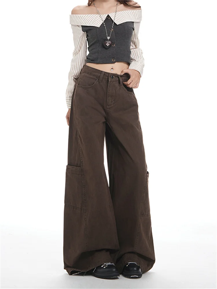 2026 Spring American Brown Cargo Jeans Women High Waist Wide Leg Trousers Loose Casual Curved Hem Utility Denim Pants