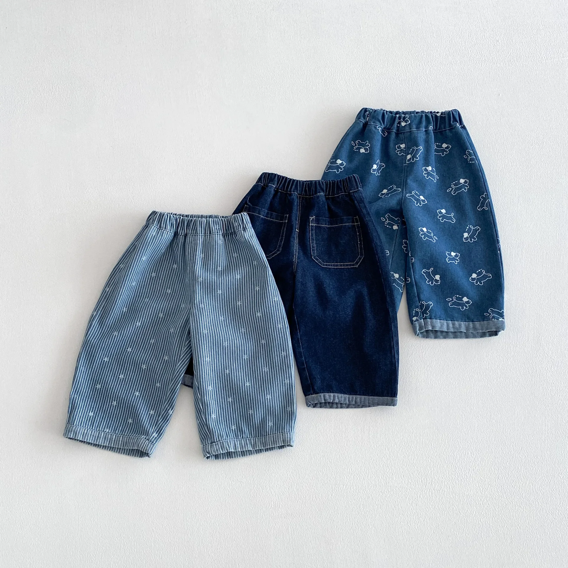 2026 Spring 6M-5T Childrens Pants Multi-Print Designs Girls Jeans Rolled Cuffs Elastic Waist Causal Pants for Girls