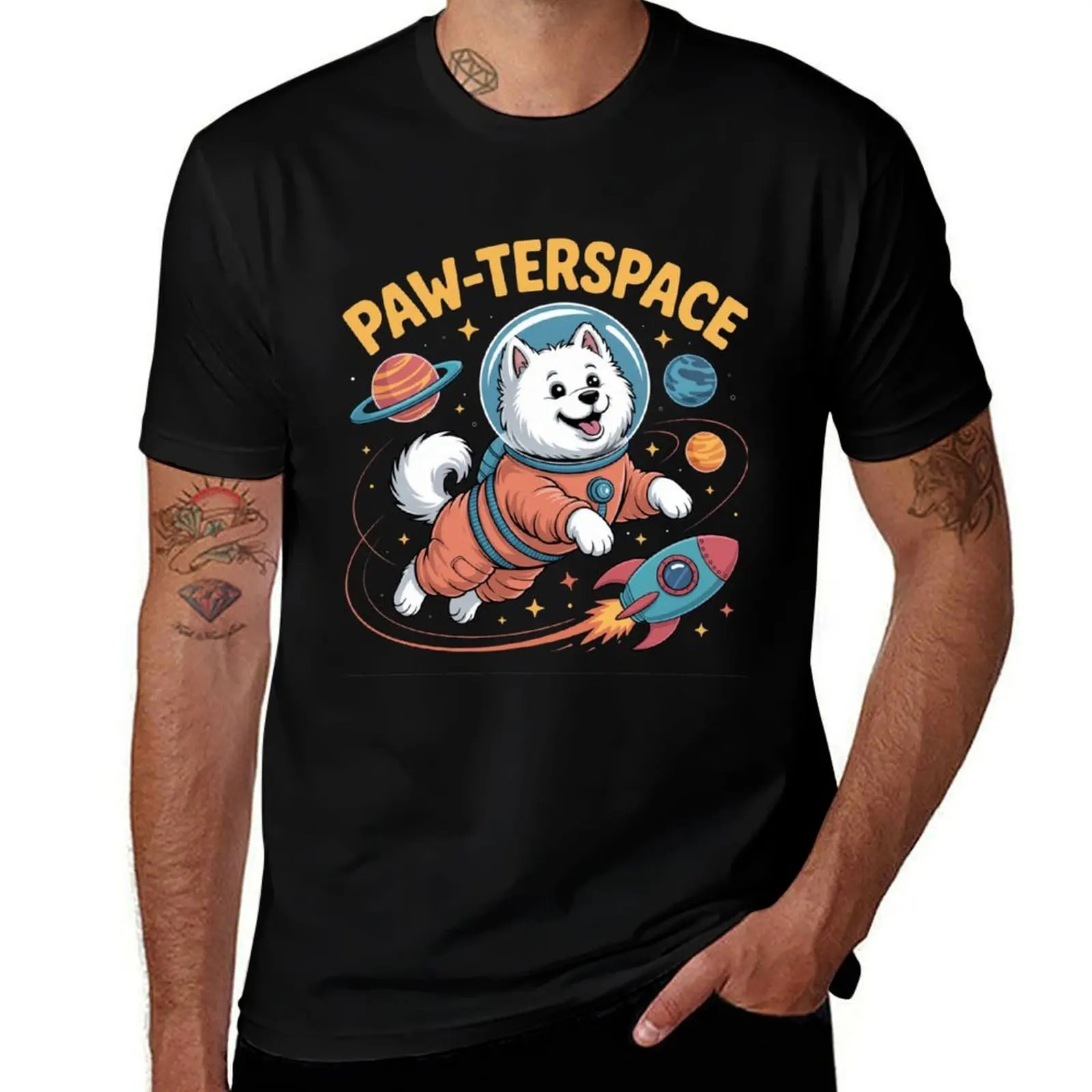 Самоедская собака в космосе – забавная футболка Paw-terspace, уличная одежда, быстросохнущие рубашки, мужские высокие футболки