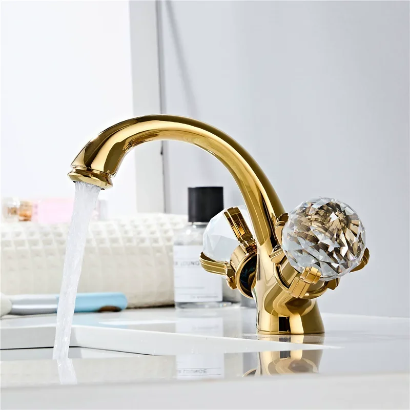 Gold Bathroom Faucet Brass Bathroom Basin Faucet Cold And Hot Water Mixer Sink Tap Double Handle Deck Mounted  Lavotory Tap