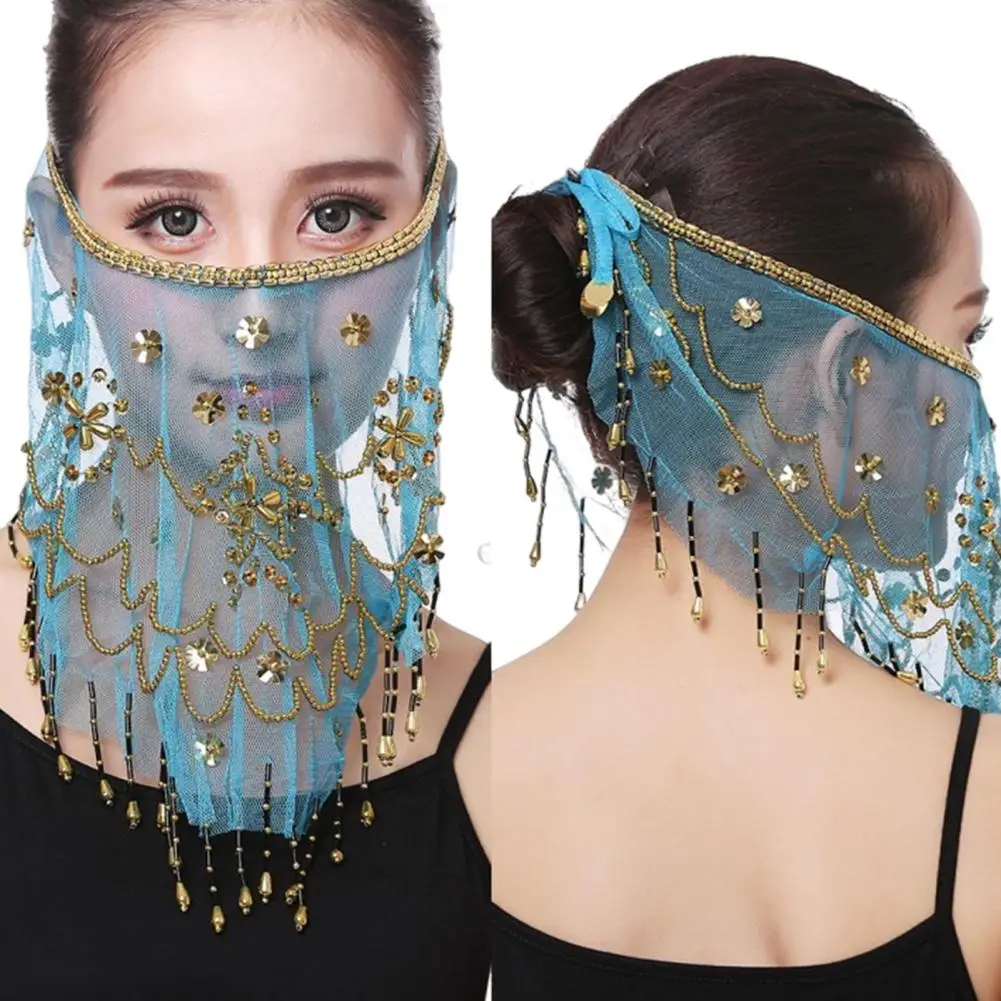 حجاب الأداء زهرة الترتر الخرز ديكور شفاف الدانتيل الرقص الشرقي القبلية الوجه الحجاب حزام قابل للتعديل الرقص الهندي 2027 #4