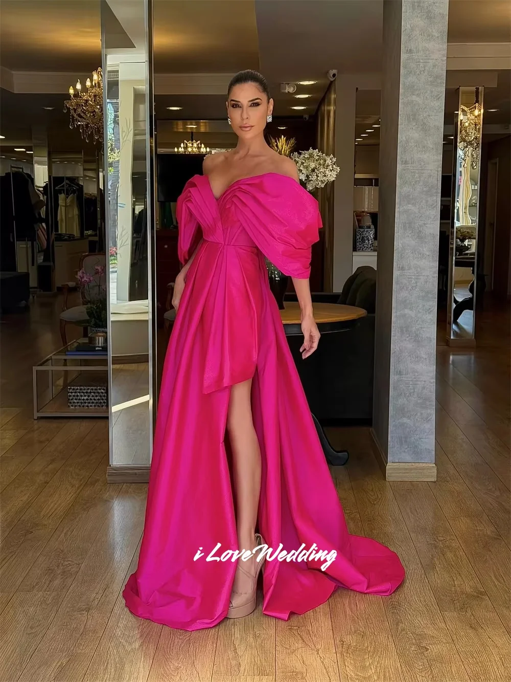

Fuschia V-Neck A-Line Satin Sleeveless Off Shoulder Evening Dresses Vestidos De Noche Backless Side Split Pleated Customized