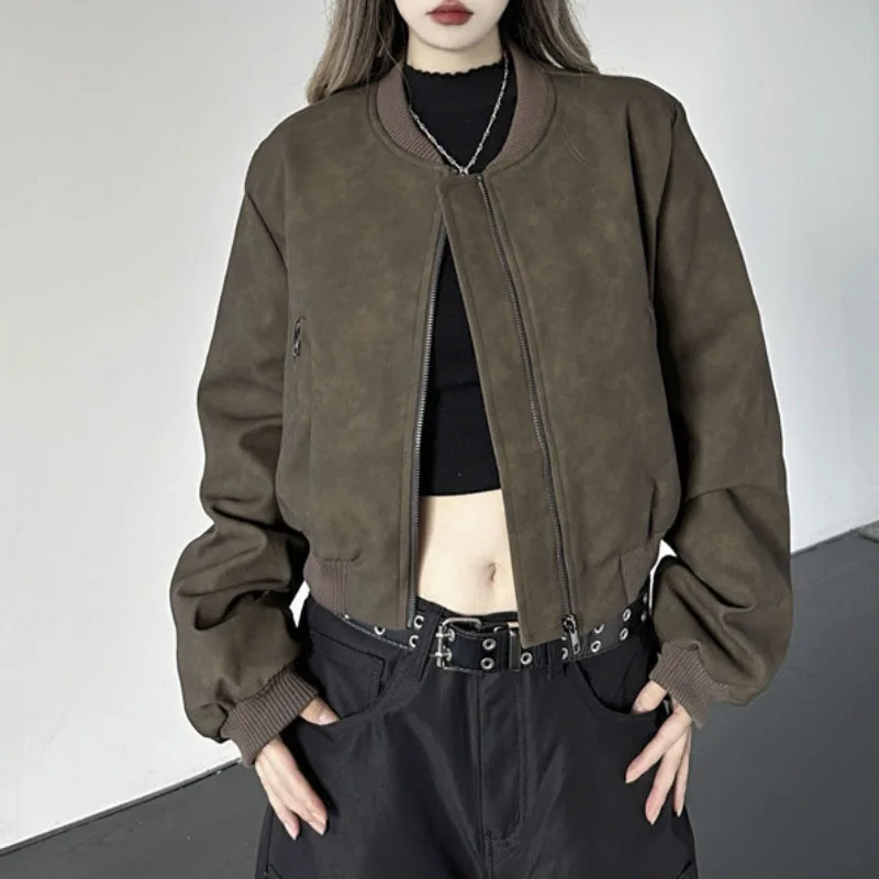 

V-neck Streetwear Vintage Women's Leather Coats American Loose Fashion Zipper Design Sense Jackets Autumn Warm Short Coat