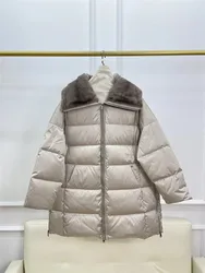 High Quality Mink Fur Collar Goose Down Jacket Woman Winter Mid-Length Thick Warm Down Coats