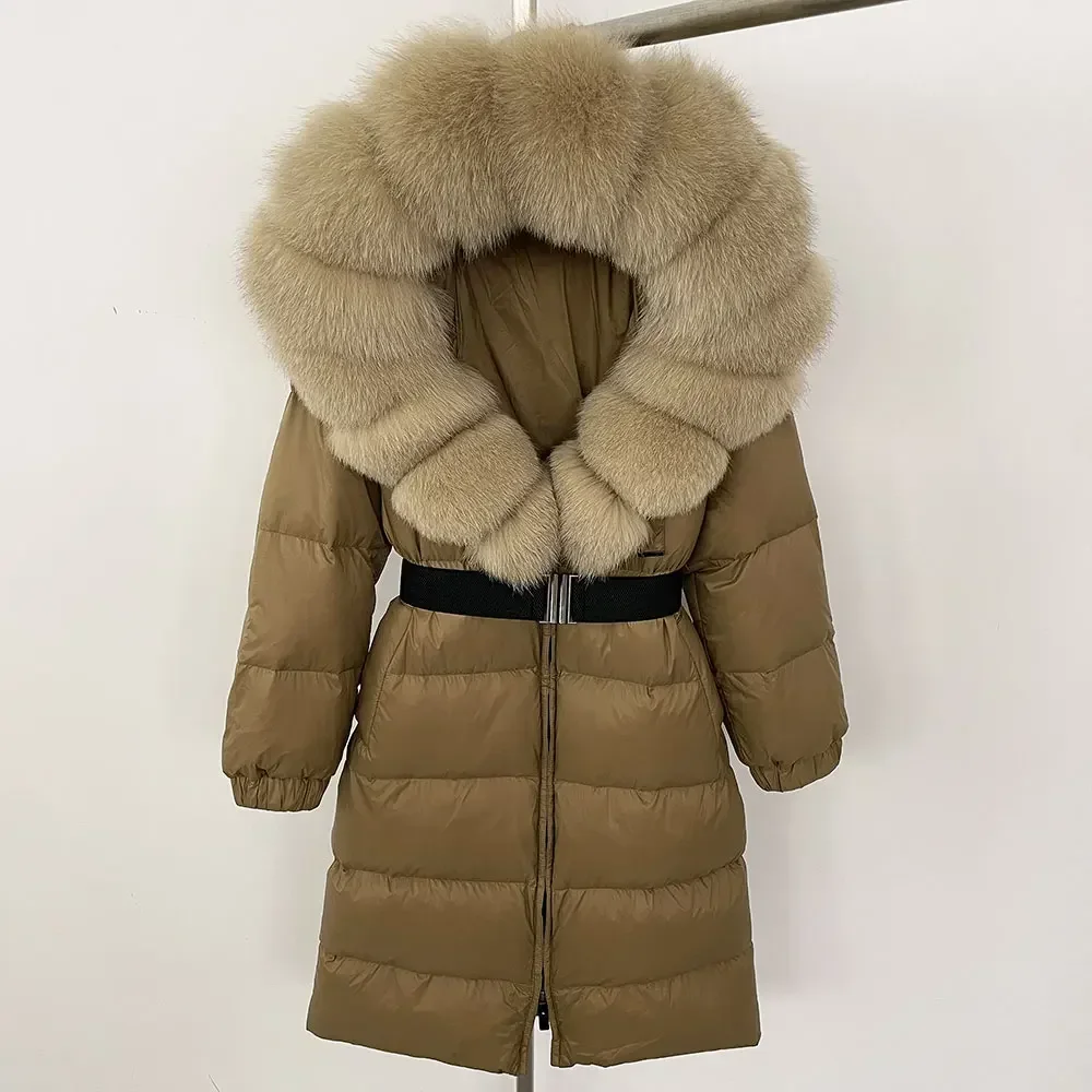 Chaqueta larga gruesa y cálida para mujer, Parka acolchada suelta con cinturón, cuello de piel de zorro grande Natural, abrigo de plumón de pato blanco 90%, novedad de invierno