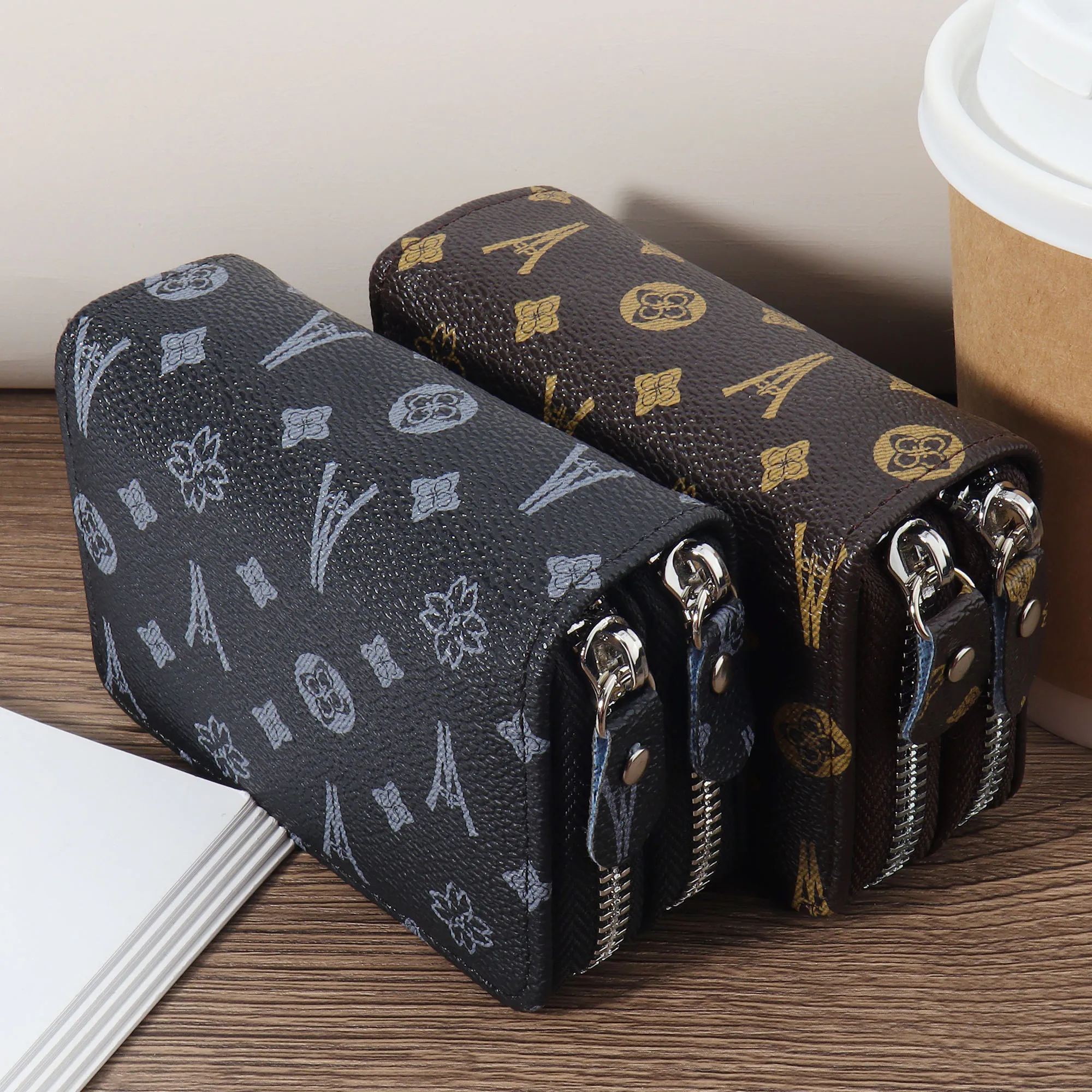 

Fashionable retro printed high-quality credit card storage bag, simple and casual with multiple card slots, fashionable zipper a