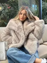 HH Women Faux Fur Jacket Coat Casual Loose Long Sleeve Lapel Warm Coats Female Winter Fashion Lady Chic High Street Jakcets