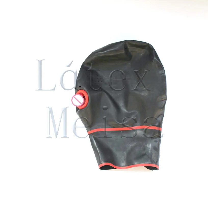 

Women's mesh eyes design latex mask open nostrils with con dom and back zip
