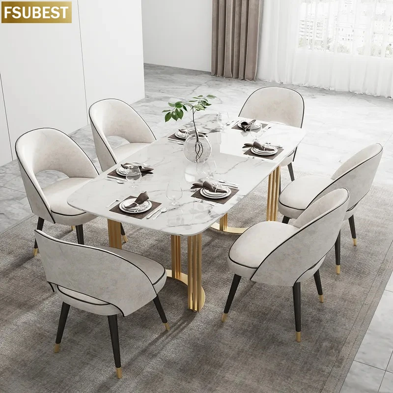 FSUBEST Free Shipping Luxury White Marble Dining Table With 4 Chairs Set Stainless Steel Gold Frame Home Furniture Moveis Casa