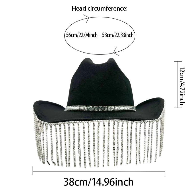 HongLuan Black Luxury Costume Hat Adult, Disco Cowboy Hats Rhinestone for Woman, Cowboy Cosplay Female Accessories & Cowgirl Cap