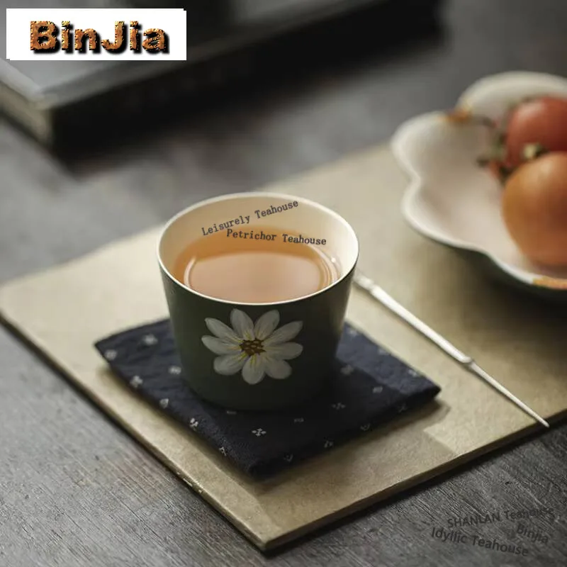 105ml Ink Green Powder Yin Master Cup Hand-painted Small Daisy Teacup Tasting Mug Vintage Tea Bowl Meditation Cup Teaware Gift
