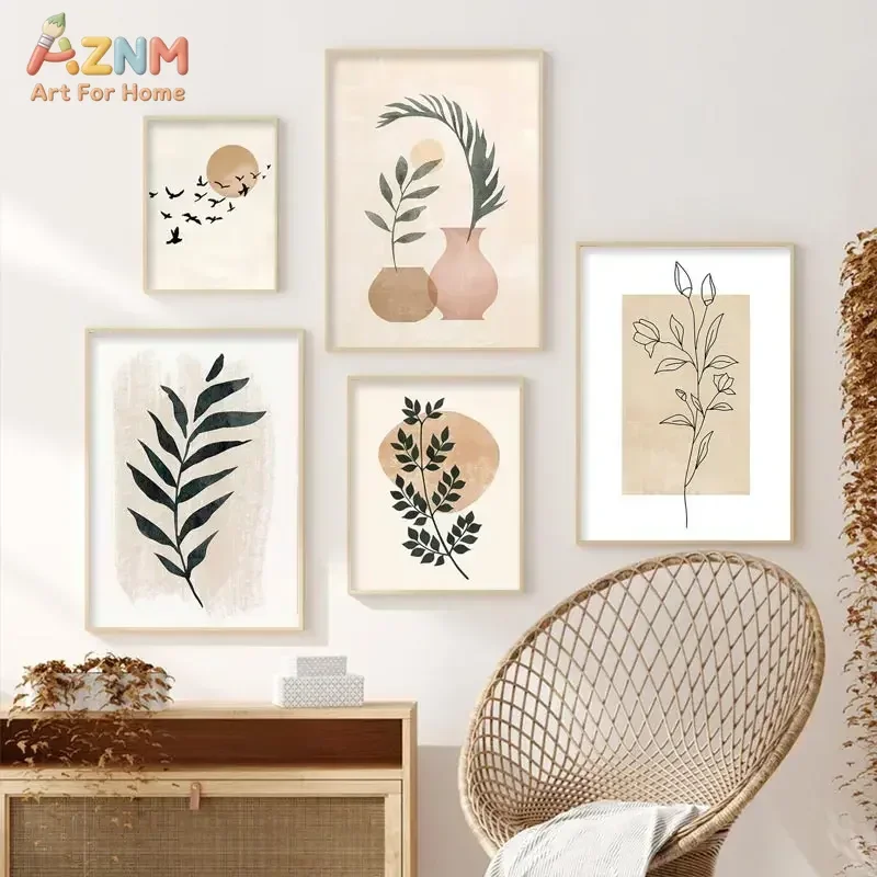 AZNM Boho Minimalist Botanical Leaf Wall Art, Neutral Beige Pink Vase Sun Bird Canvas Print, Mid Century Modern Line Drawing Flo