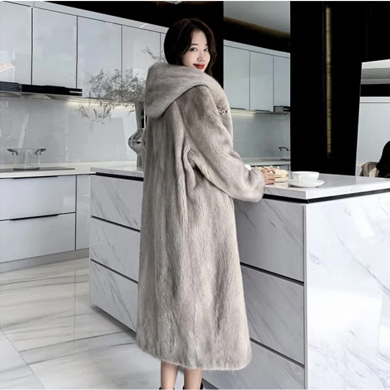 Stile coreano elegante signora grigio lungo cappotto di pelliccia manica lunga con cappuccio soprabito in pelliccia di visone finto donna inverno capispalla caldi spessi