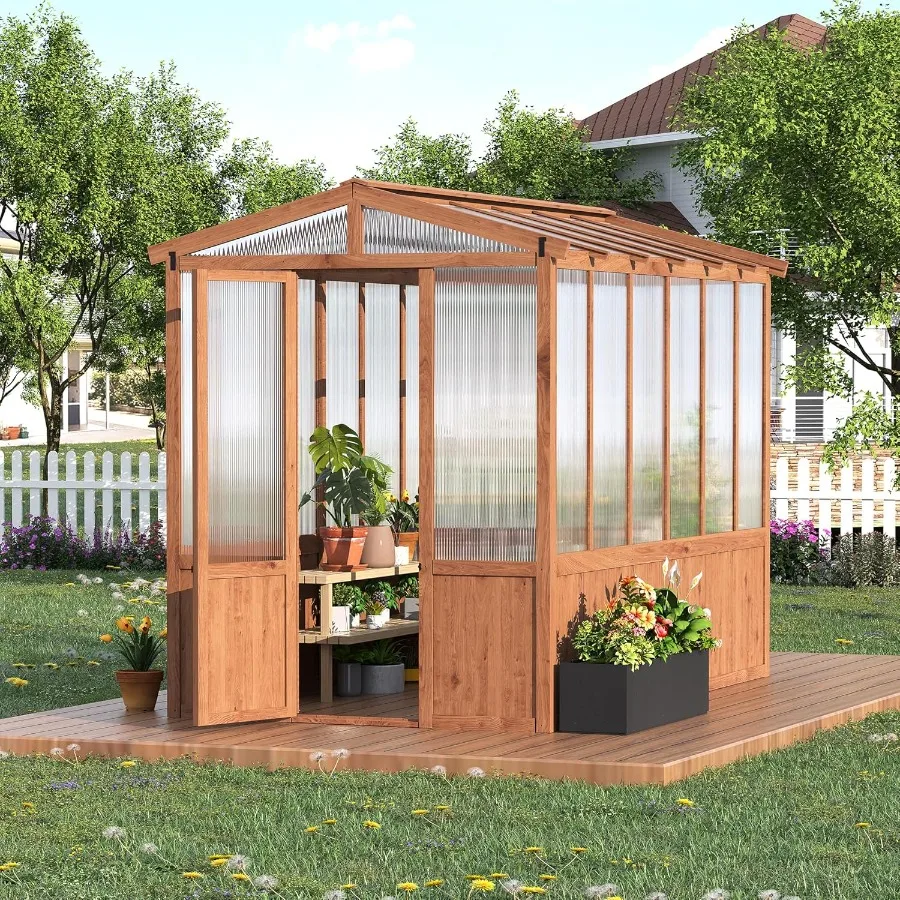 

6x10FT Wooden Greenhouse with Cedar Frame Outdoor Wood Greenhouses with Roof Vent Wood and Polycarbonate Walk-in Greenhouse