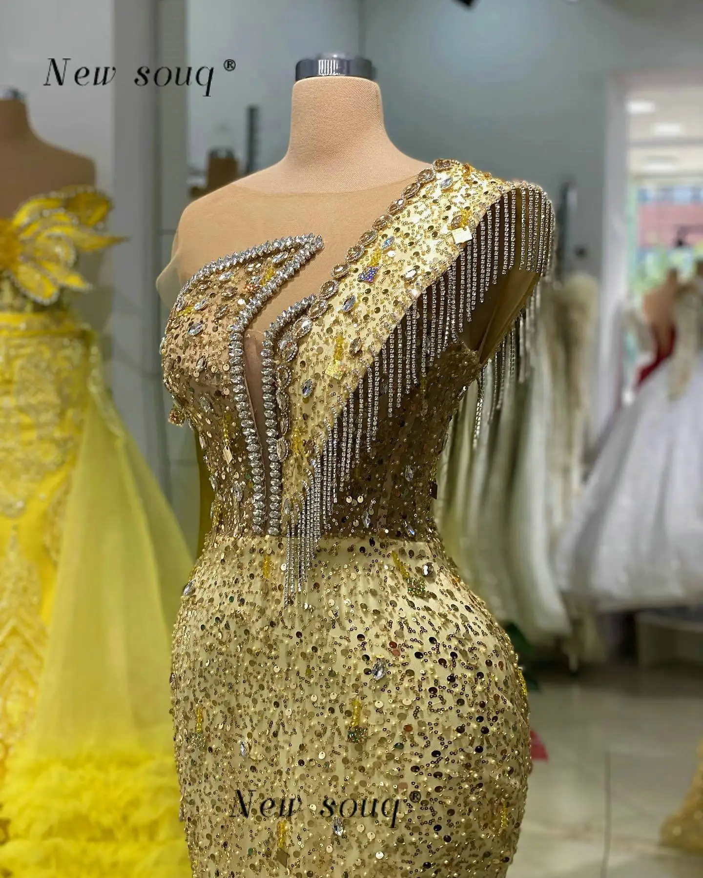 Robe de Soirée Longue de Forme Sirène pour Femme, Tenue de Bal Formelle Arabe, avec Pompons Argentés et Dorés, pour ixde Mariage