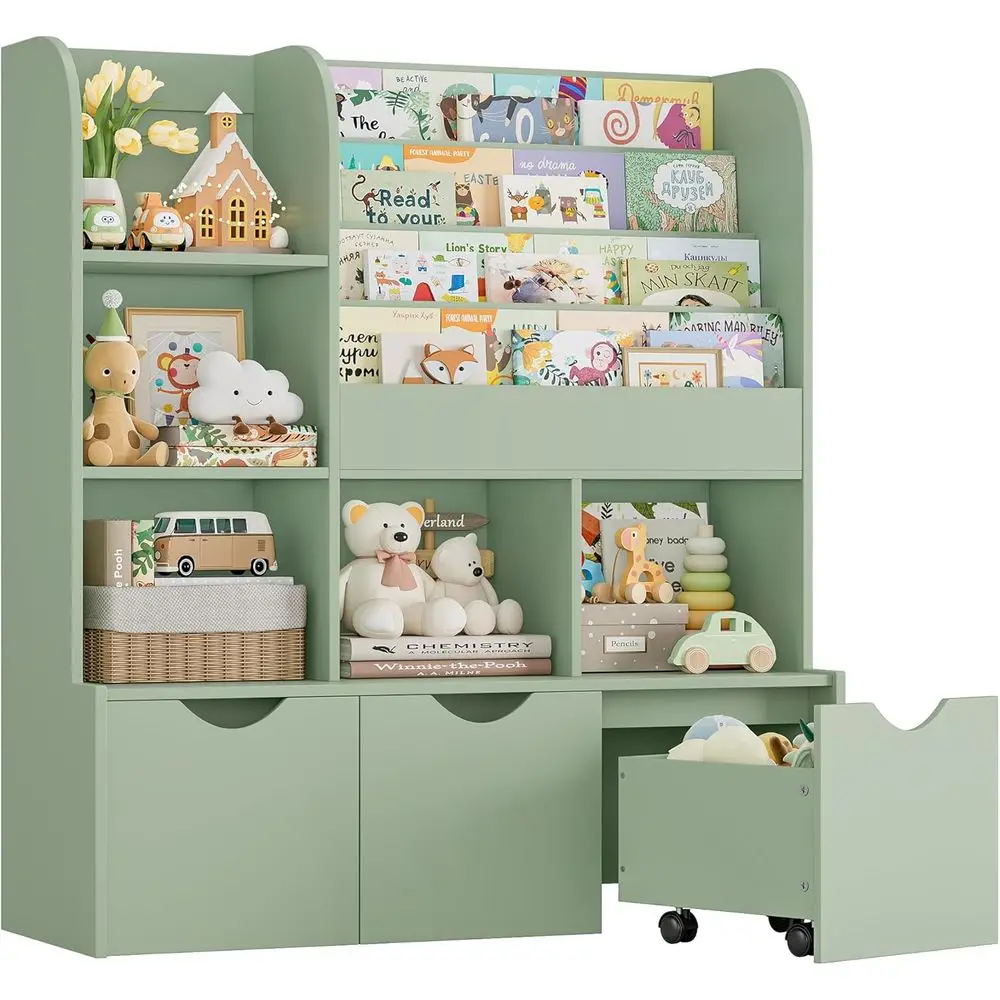 

47-inch Multifunctional Kids Bookshelf with 5 Storage Bins and 3 Removable Shelves, Toy Organizer for Playroom or Bedroom, Green