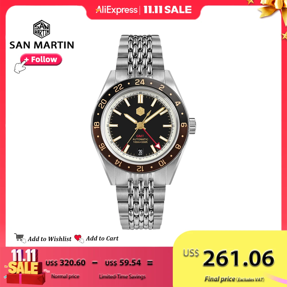 San Martin jam tangan pria, baru 39.5mm NH34 GMT Bezel aluminium dua arah safir mekanis otomatis mewah 10Bar bercahaya SN0116