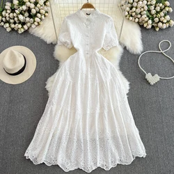 Summer Elegant Long Boho Dress for Women Lace Floral Lapel Button Hollow Midi Female Vestidos Festive Traf New In 2023 Chic