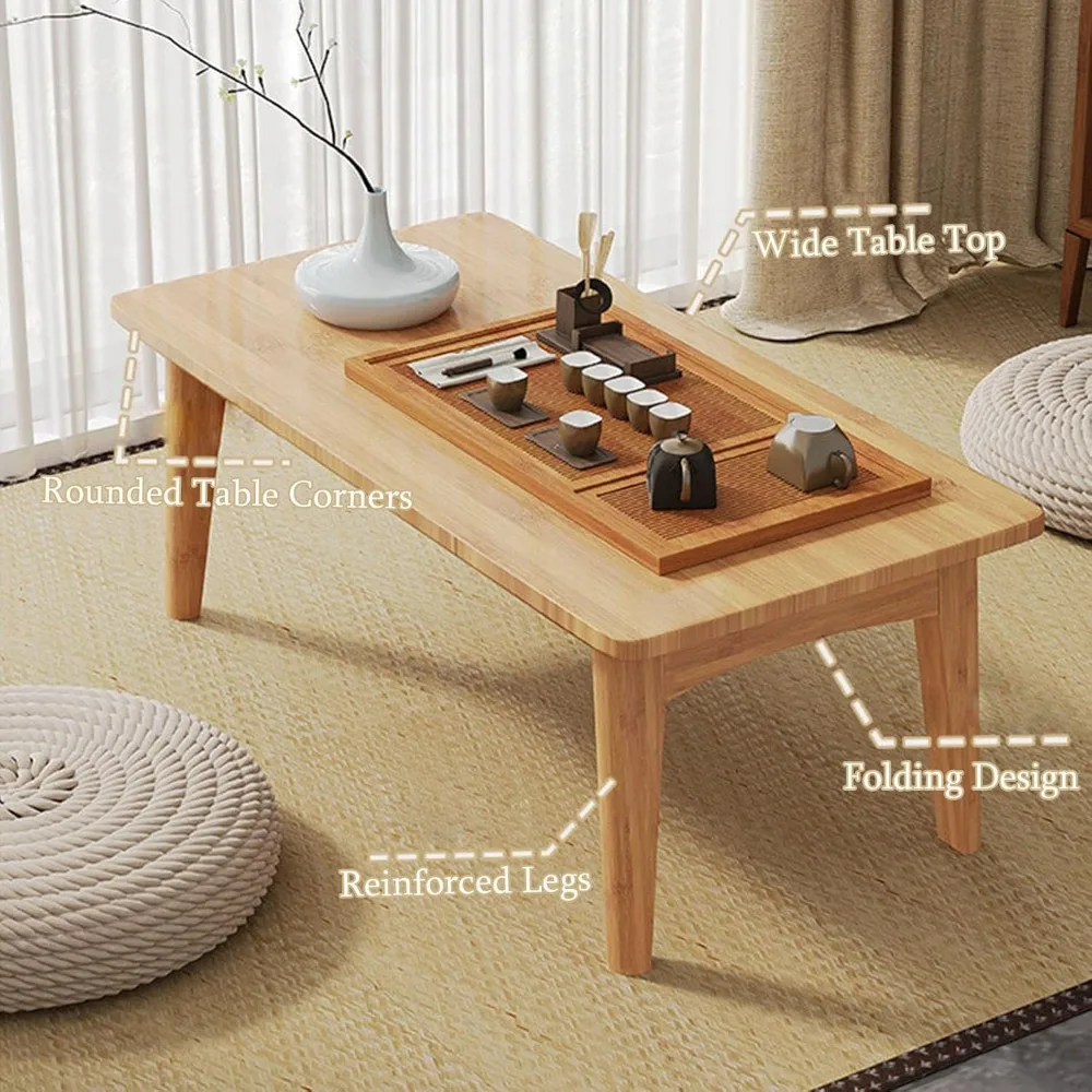 طاولة يابانية ذات أرضية منخفضة للجلوس على حصير التاتامي، طاولة شاي من الخيزران قابلة للطي لغرفة المعيشة وغرفة الشاي والشرفة، بدون تجميع إعادة #4