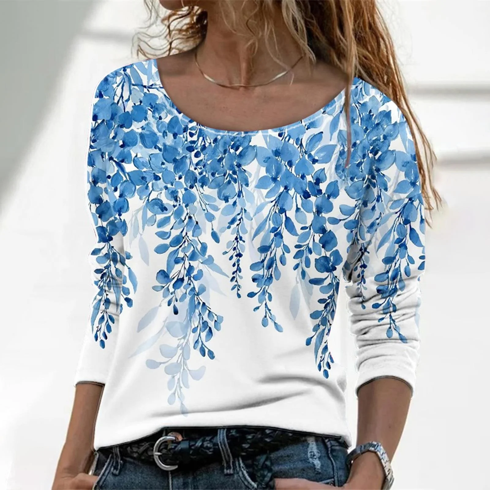 تي شيرت نسائي طويل Sve وردي أزرق أرجواني مطبوع عليه لو كاجوال فضفاض مناسب من القطن النباتي بقلنسوة منقوش عليه زهور ربيع 2023 #1