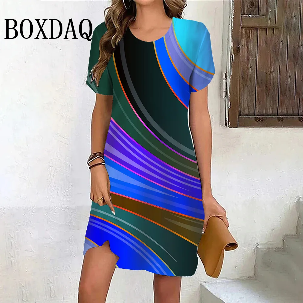 Rainbow Gradient Stripes Dress Women Fashion Elegant Casual Street Short Sleeve Loose Dress Summer Pullover Ladies A-Line Dress