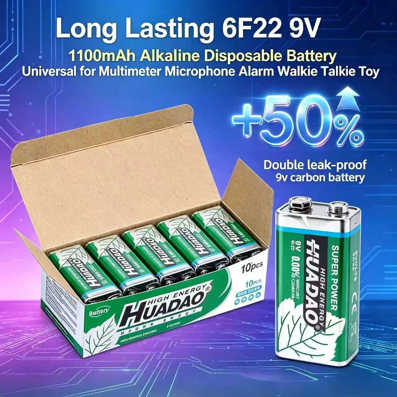 Long Lasting 6F22 9V 1100mAh Alkaline Disposable Battery Universal for Multimeter Microphone Alarm Walkie Talkie Toy