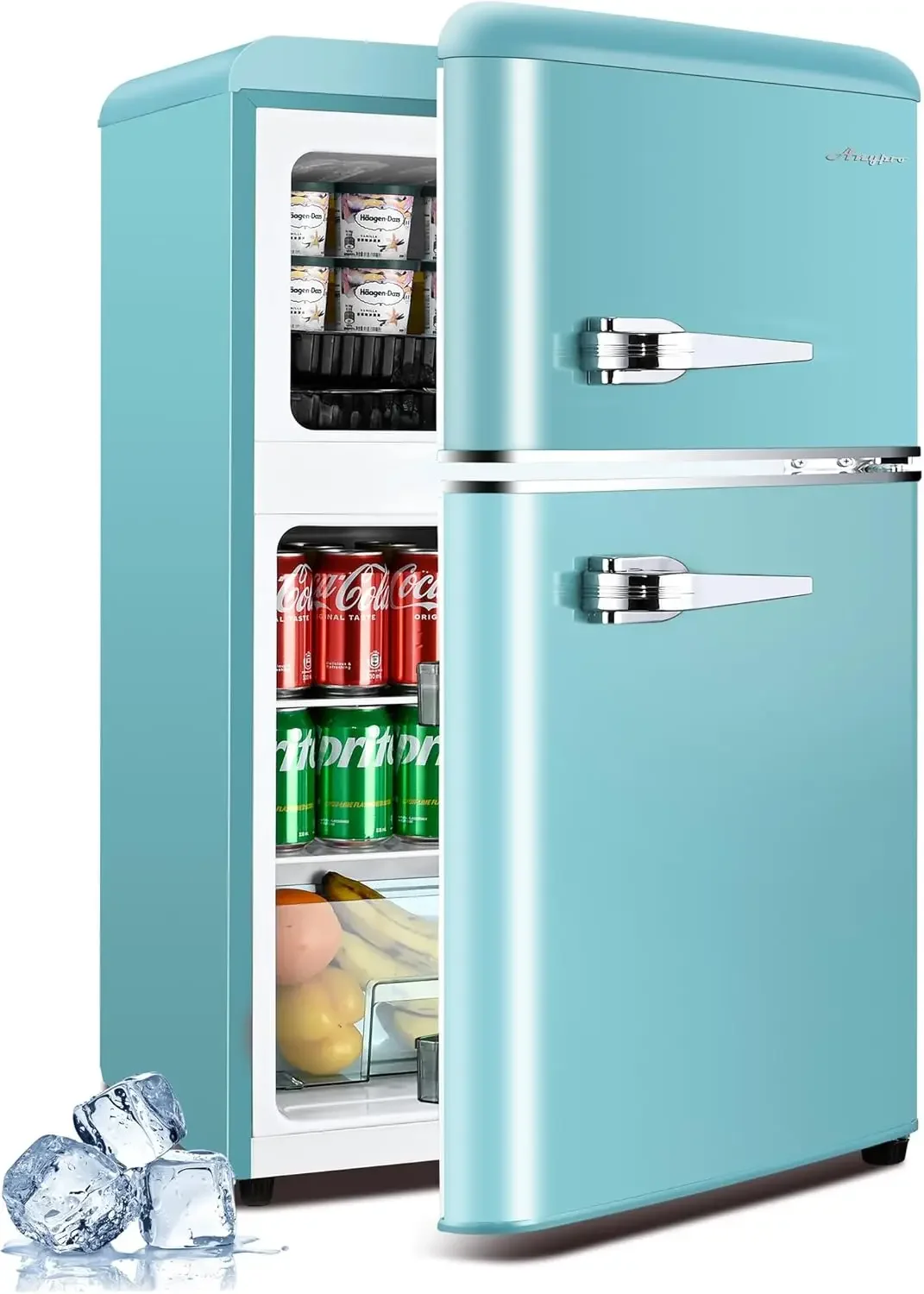 3.2 Cu.Ft Refrigerator, Fridge with Freezer, Retro Double Door Fridge, 7 AdjustableTemperature Settings, Removable Shelves