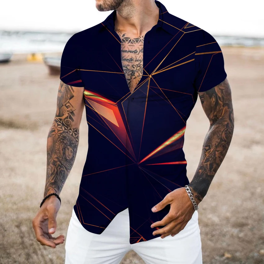 Summer Geometric 3D Printing Shirts Men Fashion Turn-down Collar Buttoned Shirt Casual Short Sleeve Cardigan Streetwear