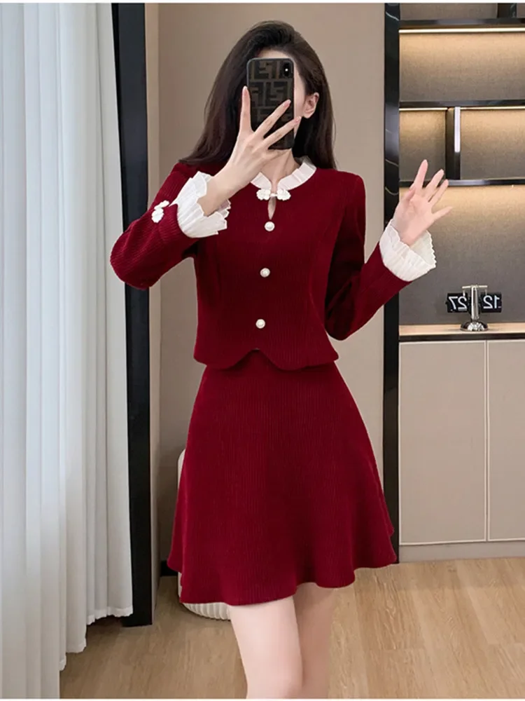 Herfst En Winter Mode Corduroy Tweedelige Set Voor Vrouwen Zwarte Ruches Chique Lange Mouwen Top + Rok Elegante Retro Vrouw