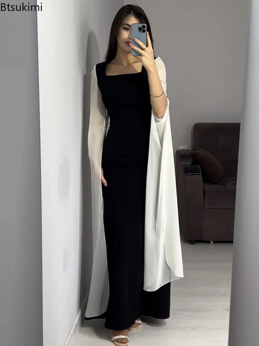 

Classic Black White Spliced Women Maxi Dresses Autumn New Batwing Sleeve Waist Cinched Slim Dress Women's Elegant Party Vestidos