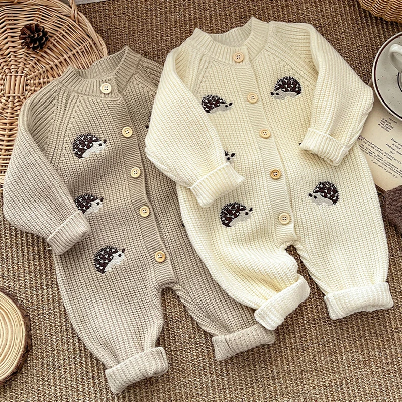 

Корейский модный вязаный детский комбинезон с длинными рукавами и вышивкой, оптовая продажа, осенняя одежда для малышей 2023 г.