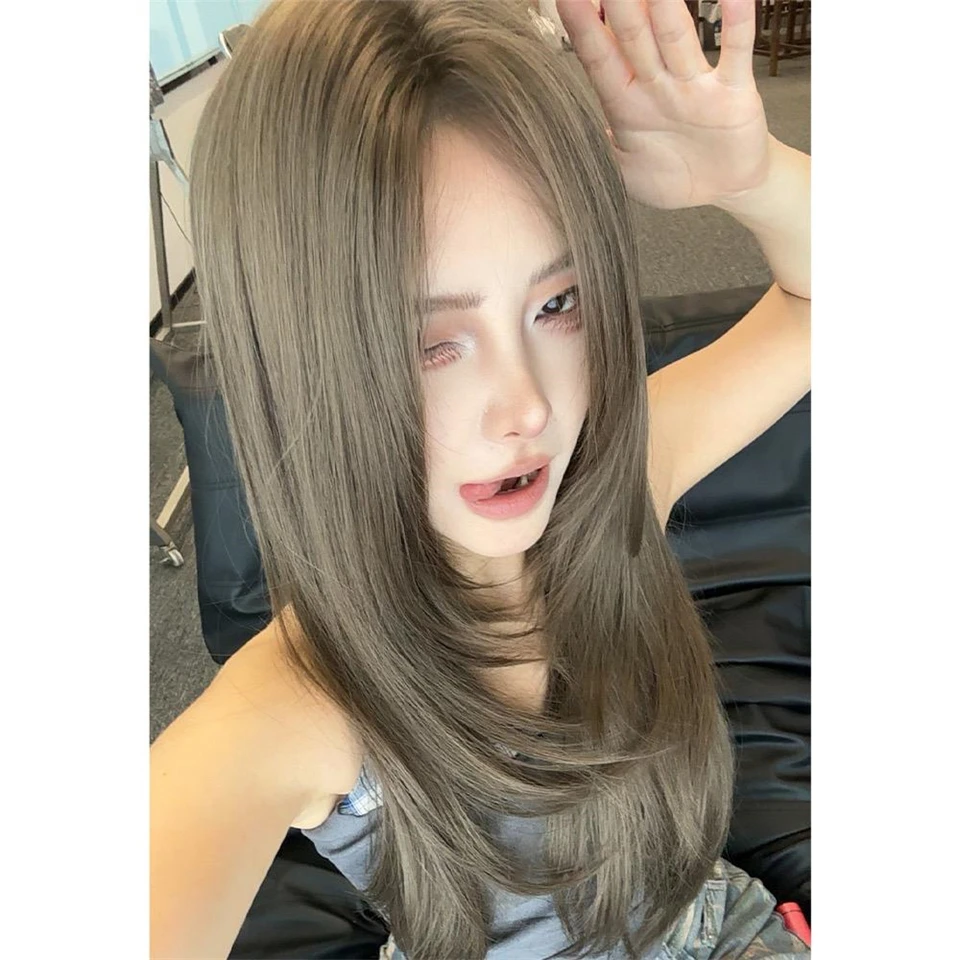 OL Ombre Grau Braun Lange Gerade Synthetische Lace Front Perücken Mittelteil Cosplay Perücke für Frauen Hochtemperatur Natürliches Kunsthaar