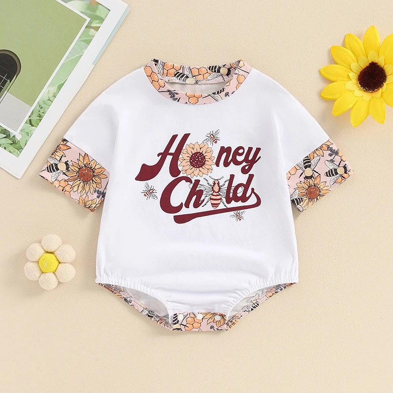 

Newborn Baby Girl Boy Summer Outfit Sunflower Bee Print Romper Honey Child Short Sleeve Jumpsuit Outfit