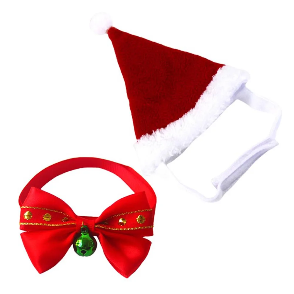 

2Pcs Adjustable Pet Christmas Hat and Bowknot Collar for Dogs Cats Fashionable Holiday Party Wedding Outfit Set