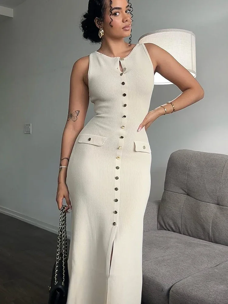 Abiti lunghi eleganti lavorati a maglia Donna Estate O Collo senza maniche Monopetto Tasche finte Abito aderente Abiti da donna da ufficio alla moda