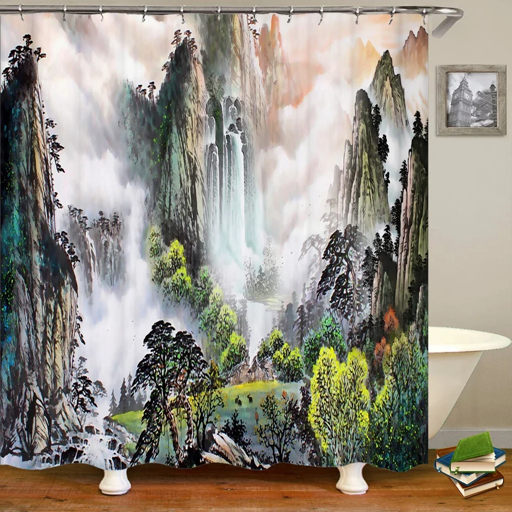 Japanese style Landscape Bathroom Curtain 3D Natural Scenery Waterfall Printing Shower Curtains Waterproof Polyester Home Decor