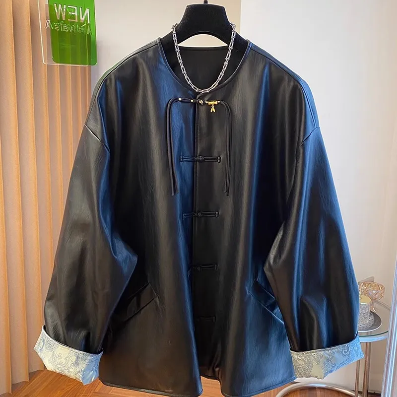 

Extra Large 300 Pou Men's PU Leather Jaet Loose Fit Autumn Casual Slimming Top for Couples Youth Faion Polyester