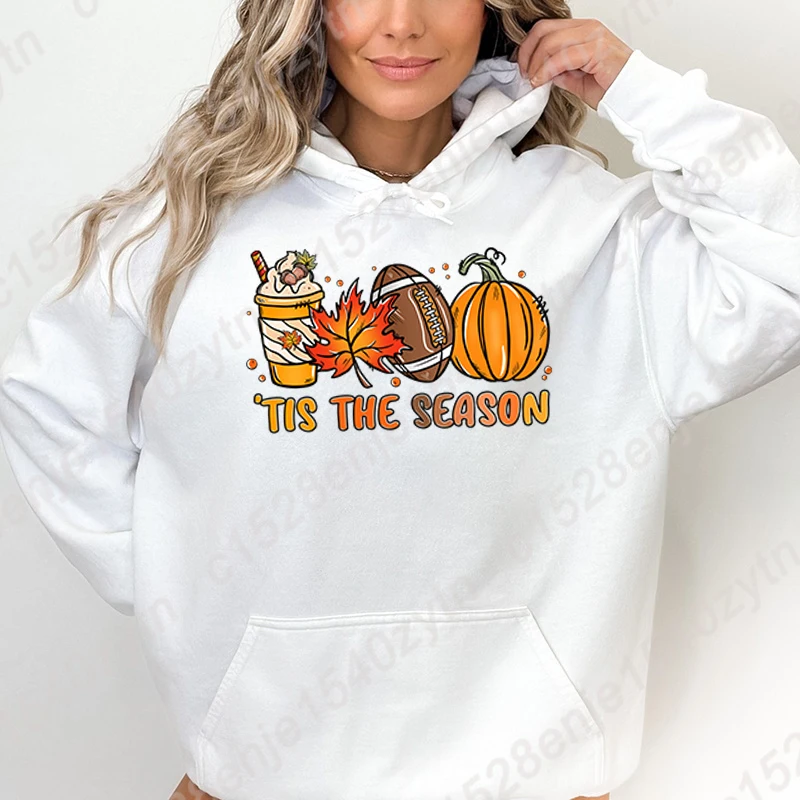 Fall Coffee Football Pumpkin 'Tis The Season Print Hoodies Hooded Women Sweatshirts Long Sleeve Autumn Casual Hooded Sweatshirts