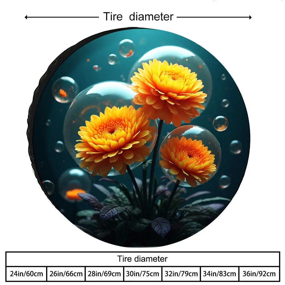 Dreamy Crystal Clear Bubbles Wrap Orange Daisy Spare Tire Cover Polyester Fiber Art Floral Wheel Cover Fashion Car Exterior Deco