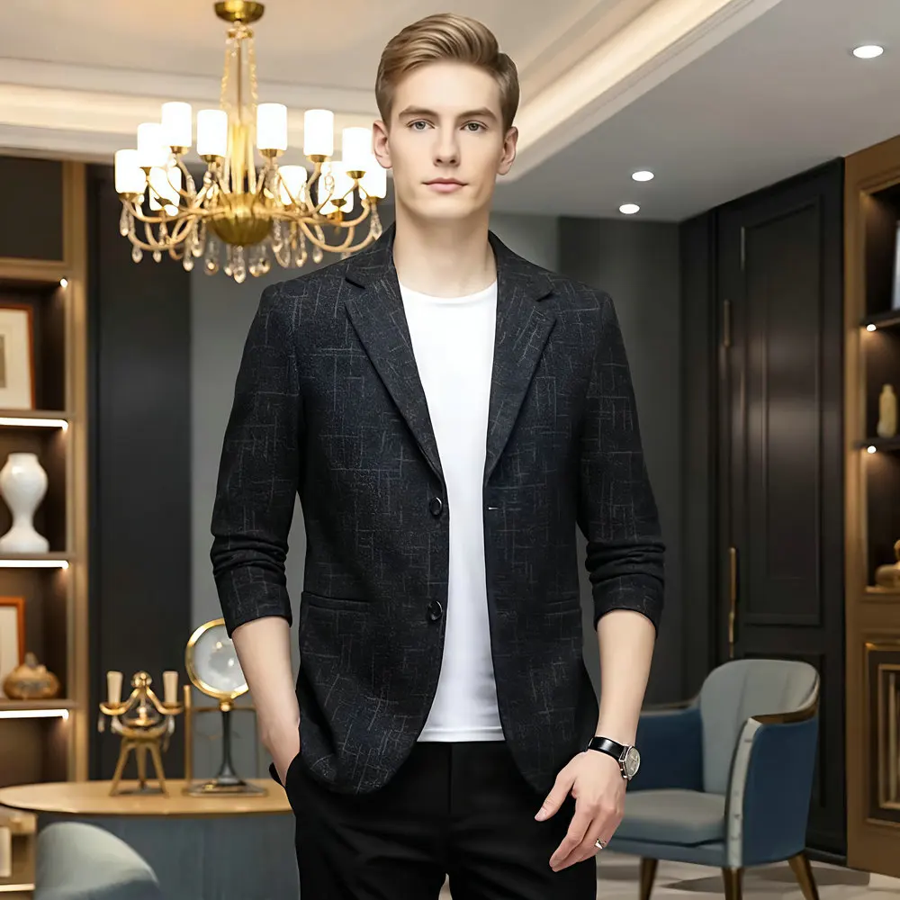 

Men's Smart Casual Blazer Black Plaid Jacket Male Slim Fit Suit Notched Lapel Single Breasted Outfits Four Season Attire