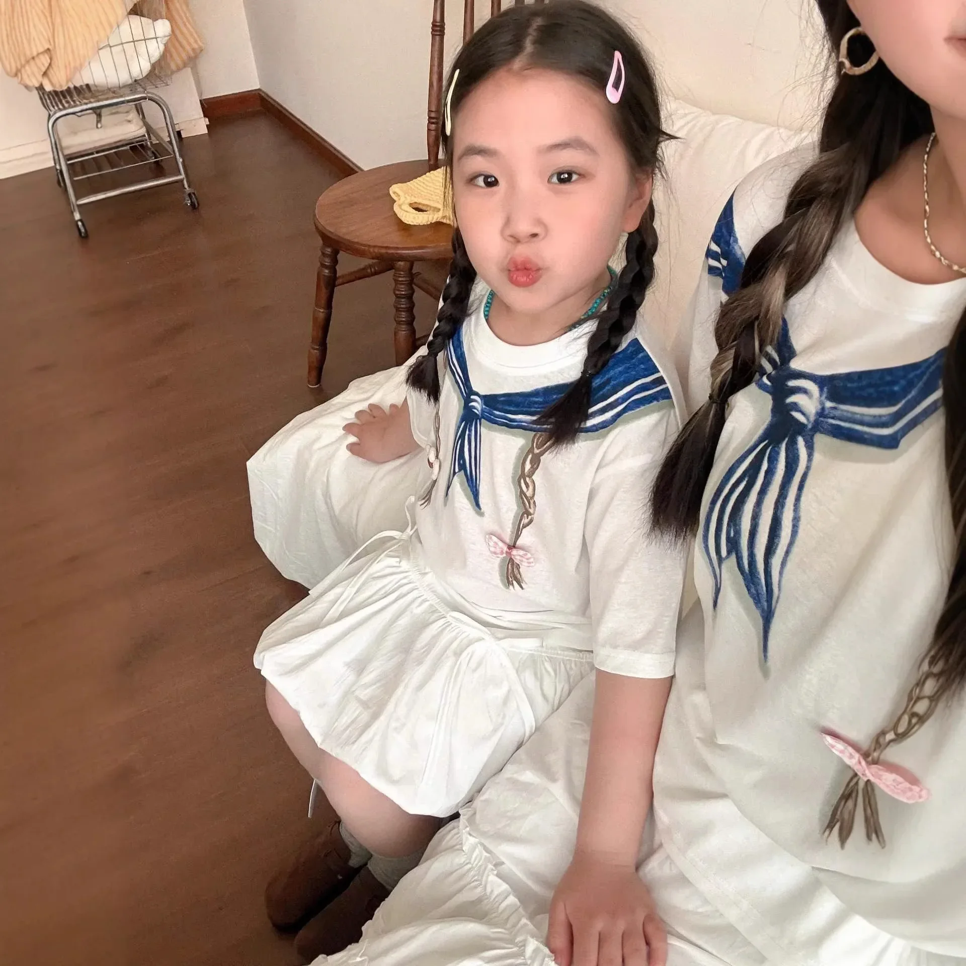 2026 Summer Mommy and Me Sailor Collar Matching Tee Family Outfit Casual Short Sleeve Cotton Top for Mom Dad Daughter Son