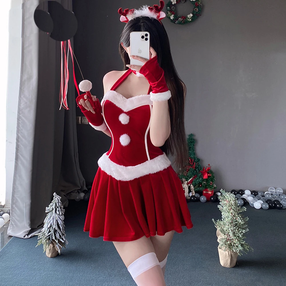 Women Christmas Red Mini Velvet Dress Lady Mrs.Claus Cosplay Suit Winter Sexy Lingerie Club Party Night Dress Maid Uniform Set