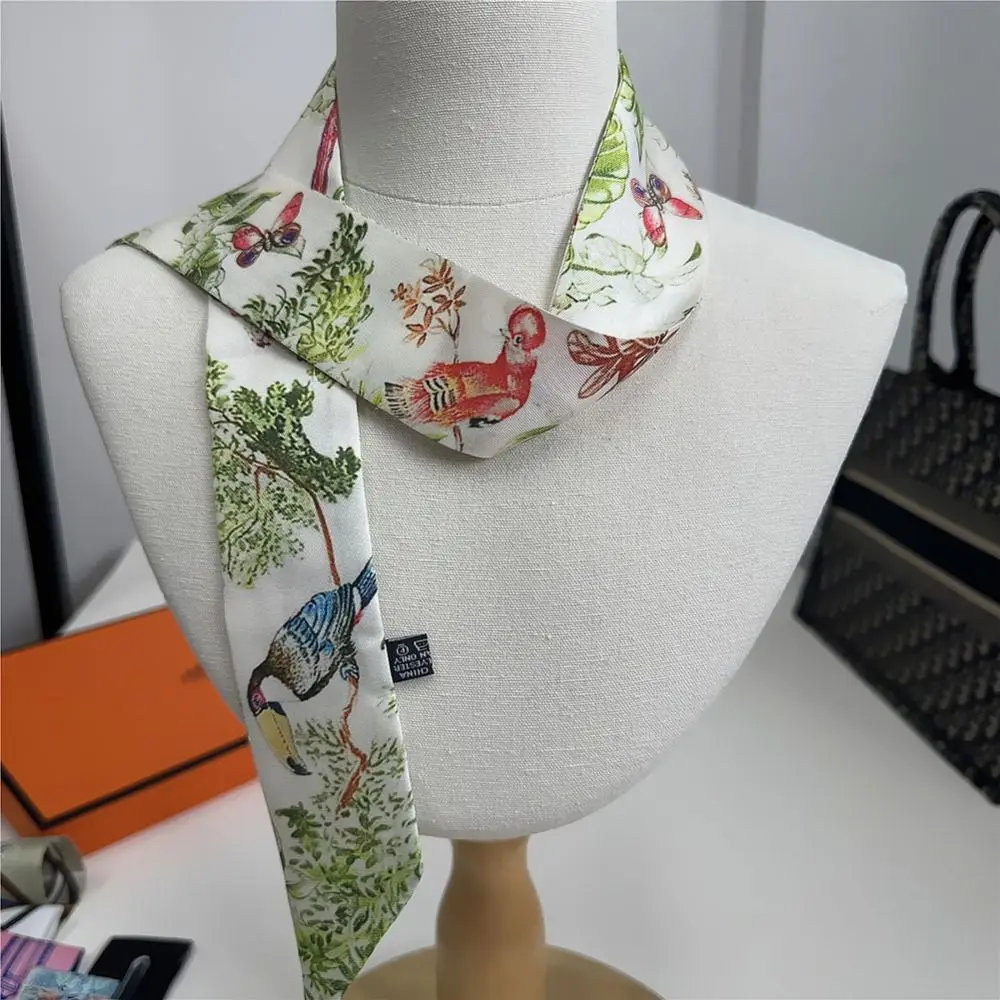 Jungle Parrot Print Women Scarf Narrow Long Silk Material Silk Scarf High-end Feel Versatile Neck Strap Streamer Decoration
