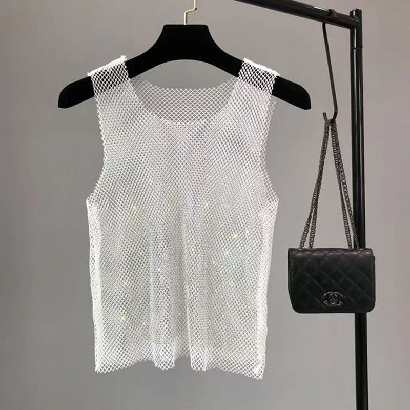 Herren Tanktop aus Netzstoff mit Strasssteinen, durchsichtiges Netzoberteil, glitzerndes Diamant-Design, sexy, figurbetont, ideal für Bodybuilding, Festival, Rave, Y2K-Outfit. – Detail 9