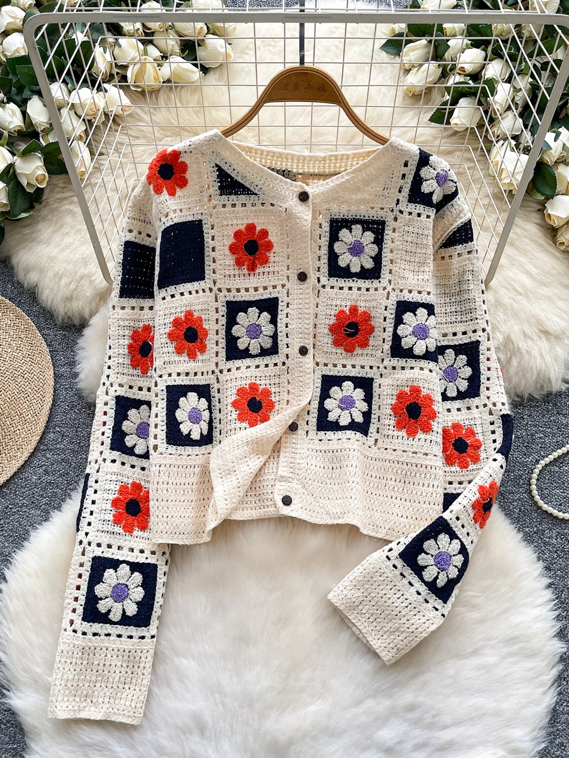 

Корейский мягкий вязаный кардиган с объемной вышивкой и длинными рукавами, женский универсальный ретро-свитер с круглым вырезом