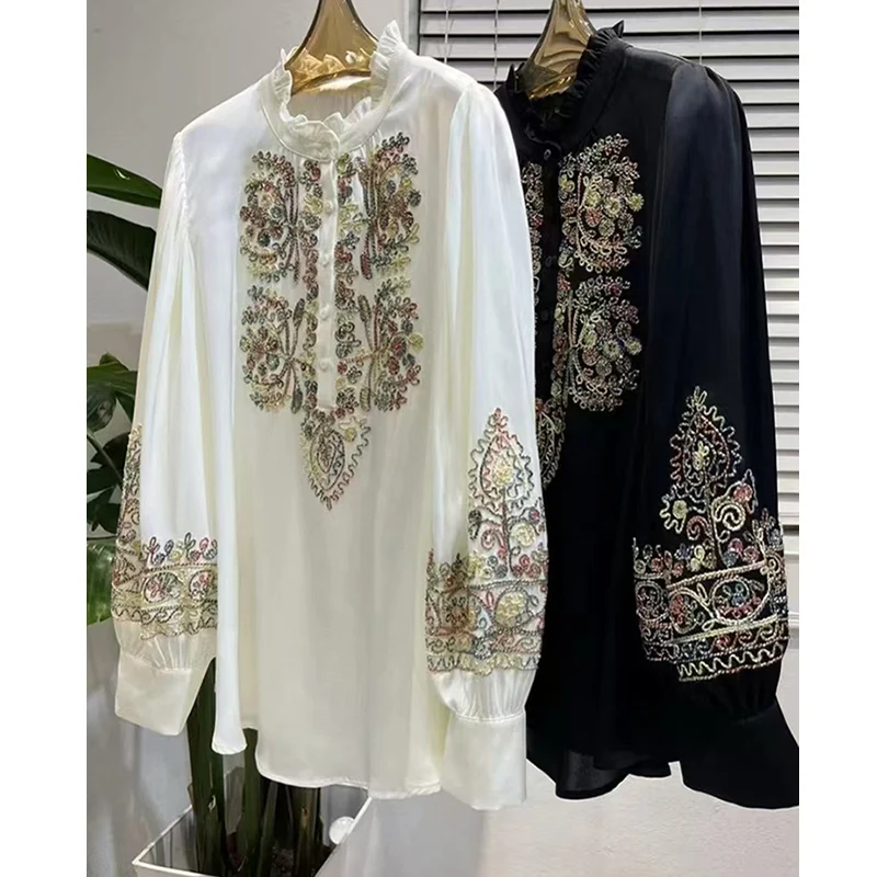 High-End Spring/Summer New Fashionable Color Line Embroidered O-Neck  Elegant Lantern Sleeves Loose Silk Women's Shirt S-XL