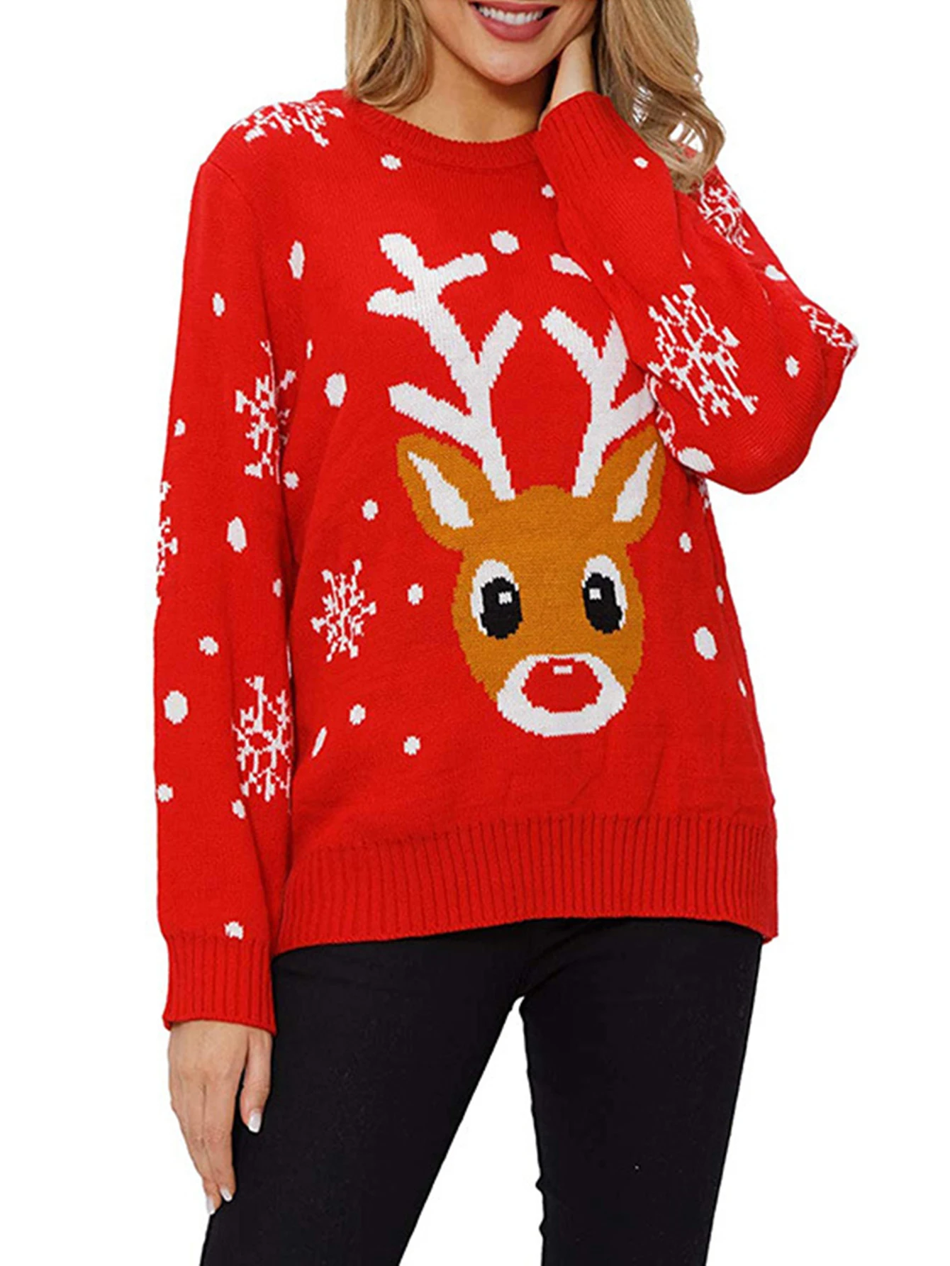 

Женский свитер с длинным рукавом и круглым вырезом, осенне-зимний модный удобный повседневный стиль с рождественским принтом