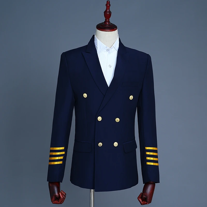 Aviation Captain'S Uniform Male Stage Costume Pilot'S Airless Coat Slim Men Navy Suit Evening Party Dress Men Nightclub